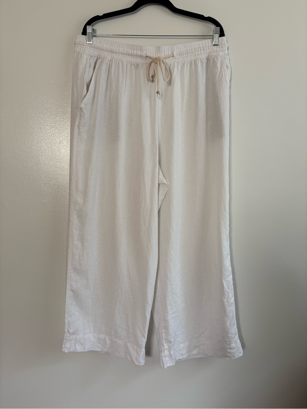 Tahari White Linen Rayon Blend Wide Leg Drawstring Pants Size XL